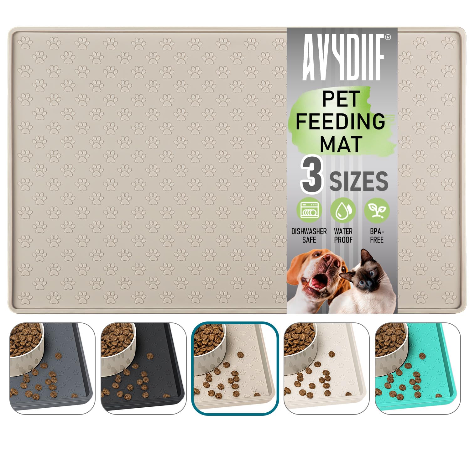 Silicone Dog Cat Food Mat Waterproof Slip Resistant Raised Edge Pet Feeding Mats Pet Bowl Mat Anti-Messy and Prevent Spill on Floor Dishwasher Safe (Beige L: 24" X 16")